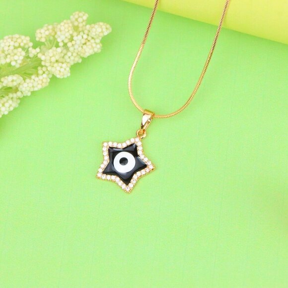 "Rose Gold Star Pendant with Black Evil Eye and CZ Accents, XPPT1380 - Picture 2 of 12